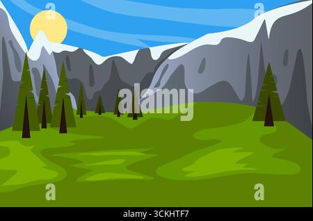 Paysage naturel d'été avec de l'herbe verte, des buissons et des arbres sur prairie au pied de hautes montagnes. Paysage panoramique de vecteur de dessin animé avec prairie près Illustration de Vecteur