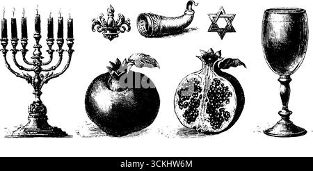 Collection de symboles rituels juifs avec menorah, shofar, étoile de david, grenade et coupe pour enfants. Illustration de Vecteur