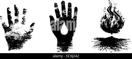 Pochoir noir et blanc jeu de mains et design de flamme pour les projets d'art urbain. Illustration de Vecteur