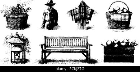 Ensemble d'éléments décoratifs de cour de Thanksgiving : motifs gravés sur les thèmes de la récolte et de l'automne. Illustration de Vecteur