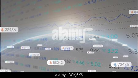 Affichage d'analyses globales dans un espace virtuel, avec horizon terrestre courbe et lignes de tendance flottantes Banque D'Images