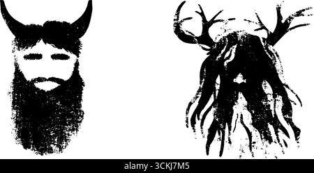 Pochoir tribal noir et blanc avec spiritueux mythiques de la forêt leshi pour la conception d'affiche. Illustration de Vecteur