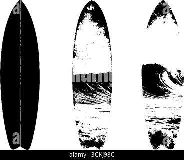 Collection de pochoirs SURFboard en noir et blanc pour l'art urbain et le design. Illustration de Vecteur