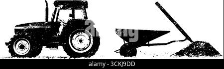 Tracteur et brouette noir et blanc vintage pour les projets de design rural. Illustration de Vecteur