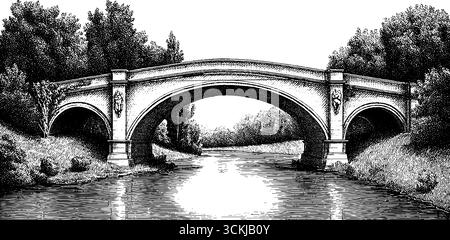 Croquis vintage d'un pont en pierre voûté sur la rivière calme orné de paysages de lierre. Illustration de Vecteur