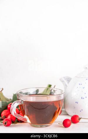 Thé parfumé aux baies d'aubépine d'automne. Boisson chaude biologique à base de plantes à base de baies d'aubépine de forêt sauvage, sur fond de bois blanc Banque D'Images