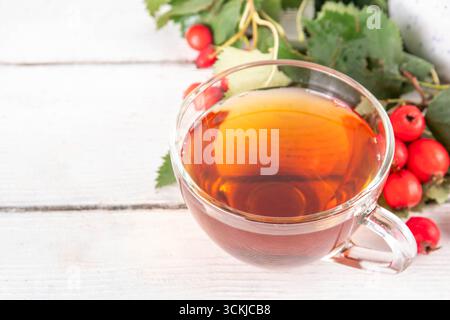 Thé parfumé aux baies d'aubépine d'automne. Boisson chaude biologique à base de plantes à base de baies d'aubépine de forêt sauvage, sur fond de bois blanc Banque D'Images