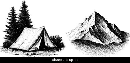 Scène de camping vintage avec tente, sac à dos et silhouette de montagne pour la conception d'aventure en plein air. Illustration de Vecteur
