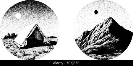 Aventure de camping pittoresque avec tente et silhouette de montagne pour les amateurs de plein air. Illustration de Vecteur