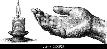 Bougie vintage dessinée à la main et croquis de paume ouverte pour des concepts de design rétro. Illustration de Vecteur