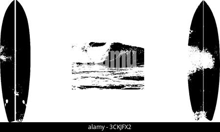 Set de planche de surf noir et blanc et pochoir vague pour les projets d'art urbain et de design. Illustration de Vecteur
