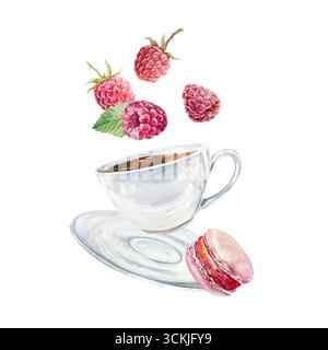 Aquarelle de thé à la framboise. Illustration dessinée à la main de belles baies mûres, tasse en céramique blanche, soucoupe et macaron isolé. Pour les affiches de café Banque D'Images
