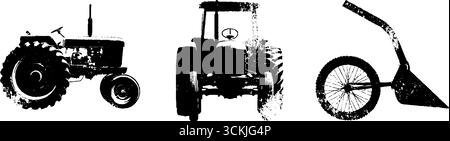 Collection de pochoirs tracteur noir et blanc pour la conception et le décor agricoles. Illustration de Vecteur