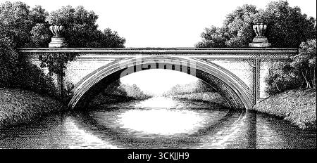 Pont en pierre voûtée vintage sur la rivière calme avec lierre dans le croquis dessiné à la main. Illustration de Vecteur