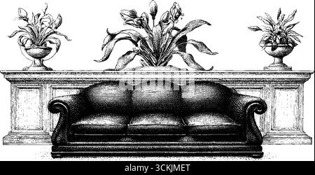 Salle à manger romaine vintage avec canapés inclinables et éléments de fresque pour le design. Illustration de Vecteur