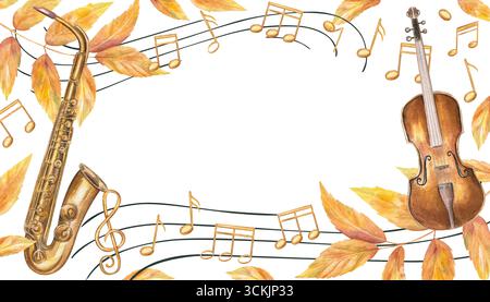 Cadre musical avec violon, saxophone, notes ondulées du personnel et feuilles jaunes d'automne. Illustration aquarelle sur fond isolé. Banque D'Images