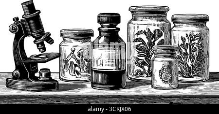 Gravure de science botanique vintage - microscope et bocaux de spécimen - illustration d'étude de la nature rétro. Illustration de Vecteur