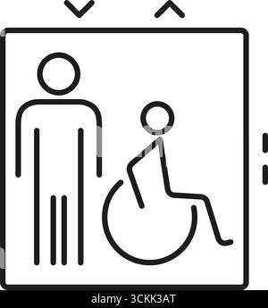 Icône ligne d'accessibilité de l'ascenseur. Symbole Design inclusif et assistance à la mobilité. Fauteuil roulant et personne debout dans l'ascenseur. Contour modifiable Illustration de Vecteur