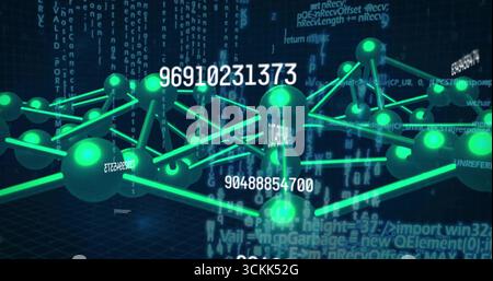 Graphique réseau 3D flottant couvrant le sol de la grille dans le cyberespace, avec des flux de code de nœuds verts brillants Banque D'Images