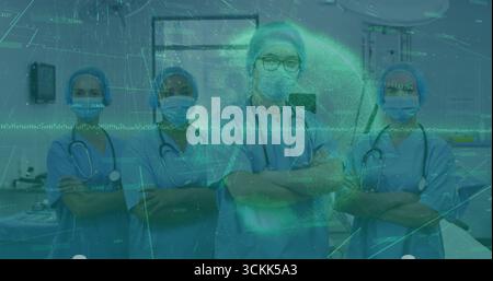 Équipe médicale debout portant des gommages bleus et des stéthoscopes dans la chambre d'hôpital, avec superposition numérique Banque D'Images