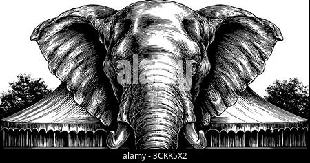 Silhouette majestueuse d'éléphant avec fond de tente de cirque dans le style vintage. Illustration de Vecteur