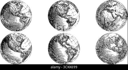 Gravure vintage en noir et blanc de globes représentant des continents pour le design décoratif. Illustration de Vecteur