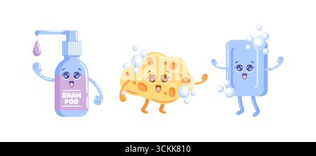 Une jolie illustration kawaii avec une bouteille de shampooing joyeuse avec de grands yeux, un loofah souriant et un pain de savon ludique. Tous les personnages sont ornés d'esprit Illustration de Vecteur