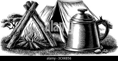 Scène de camping vintage avec tente, feu de camp et cafetière dans le style de gravure noir et blanc. Illustration de Vecteur