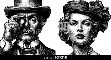 Portraits gravés vintage d'élégants messieurs et dames de mode classique. Illustration de Vecteur