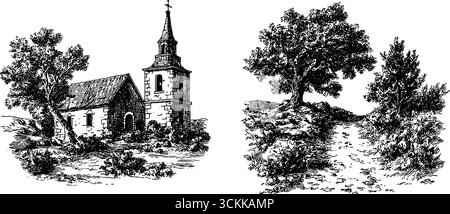 Illustrations gravées vintage de l'église du village et sentier pittoresque avec des arbres. Illustration de Vecteur