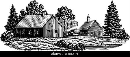 Illustration gravée de l'auberge de village rustique et de la scène de campagne pour le design traditionnel. Illustration de Vecteur