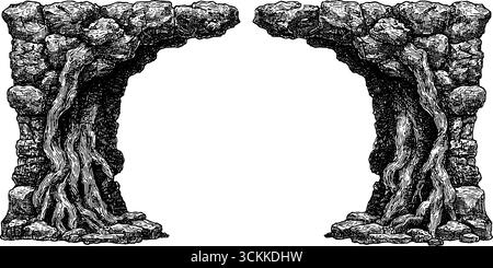 Ensemble de gravure d'arcade en ruine avec texture de pierre détaillée. Illustration de Vecteur