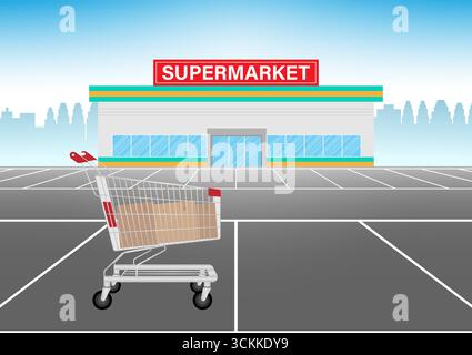 Panier ou chariot à provisions avec sacs dans le parking du supermarché. Concept d'achat. Illustration vectorielle. Illustration de Vecteur