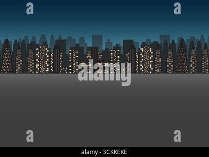 Vide Asphalt Road et City Building la nuit. Gratte-ciel. Paysage urbain. Paysage urbain. Metropolis City. Illustration vectorielle. Illustration de Vecteur