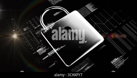 Cadenas métallique flottant sur fond numérique, panneaux de code, quadrillage et reflets d'objectif Banque D'Images