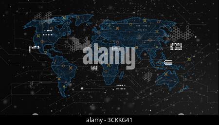 Affichage d'une carte du monde bleue brillante reliant les nœuds de données dans l'interface utilisateur AR, avec grilles hexagonales, icônes d'avertissement Banque D'Images