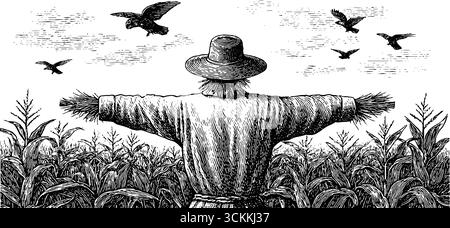 Scène rustique de champ de maïs gravé avec épouvantail et oiseaux. Illustration de Vecteur