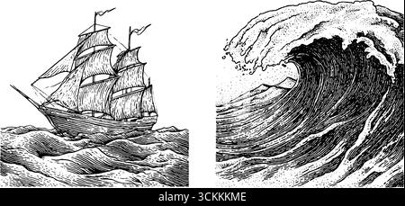 Aventure nautique avec voile de bateau gravée et illustration de vague de l'océan pour l'impression. Illustration de Vecteur