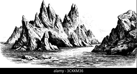 Gravure de scène côtière vintage avec des falaises spectaculaires pour un design rétro. Illustration de Vecteur