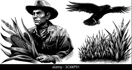 Illustration gravée d'épouvantail avec maïs et corbeau dans un paysage rustique. Illustration de Vecteur