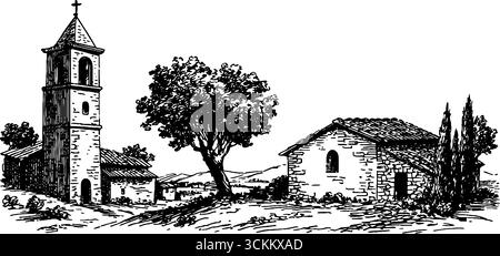 Paysage gravé de la place du village avec église et arbres. Illustration de Vecteur