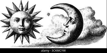 Ensemble d'illustration céleste vintage avec soleil, lune et étoiles dans un style gravé. Illustration de Vecteur