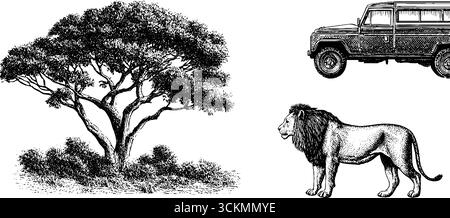 Scène de savane gravée avec l'arbre d'acacia lion et véhicule pour la conception de la faune. Illustration de Vecteur