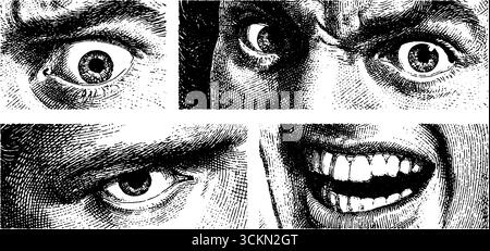 Ensemble d'art gravé avec des expressions surprises et des yeux émotionnels pour des designs créatifs. Illustration de Vecteur