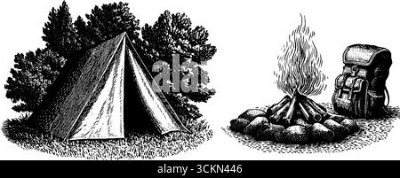 Scène d'aventure en plein air rustique avec tente et feu de camp pour les amateurs de camping. Illustration de Vecteur