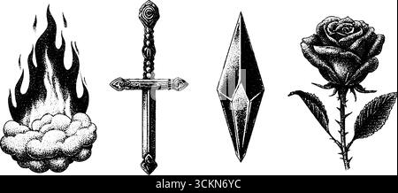 Ensemble d'illustrations gravées avec étincelle extraterrestre, épée, gemme et rose. Illustration de Vecteur