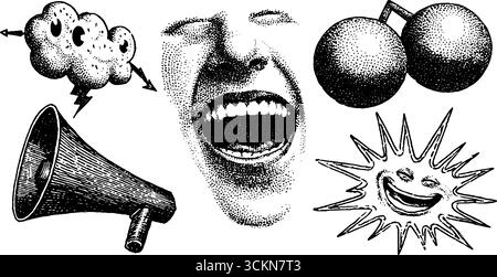 Illustrations de bandes dessinées gravées de ballons de discours et de visages expressifs pour un design créatif. Illustration de Vecteur