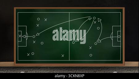 Affichage Tableau de surveillance montrant le diagramme de football dans la salle d'entraînement, avec X, O marqueurs, flèches Banque D'Images