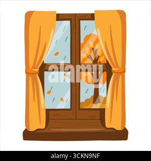Fenêtre d'automne avec rideaux jaunes, gouttes de pluie sur verre et oranger à l'extérieur. Illustration vectorielle de dessin animé sur fond blanc. Illustration de Vecteur