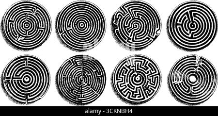 Ensemble complexe de labyrinthes circulaires gravés et de dessins de labyrinthe pour des projets créatifs. Illustration de Vecteur
